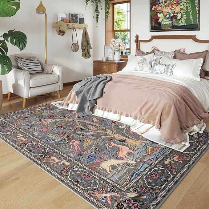 Rugcomf Area Rugs 5x7 Vibrant Tree of Life-Patterned Vintage Washable Area Rug Non Slip Low Pile Large Rugs for Living Room Bedroom Farmhouse Dining Room Kids Playroom, Grey