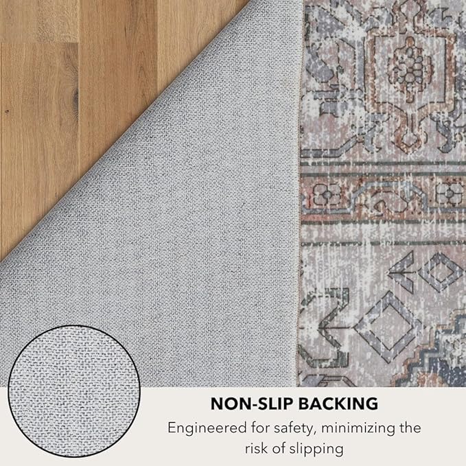 Kuden 4x6 Area Rug, Machine Washable Area Rug with Non-Slip Backing, Vintage Style, Soft, Easy Clean, Low Pile Rug for Living Room, Bedroom, Dining Room