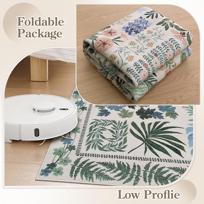 Floral Boho 5x7 Area Rugs for Bedroom Living Room, Botanical Soft Dining Room Rug, Large Non Slip Stain Resistant Indoor Throw Carpet for Entryway Kitchen Office Playroom (Beige,5 x 7)