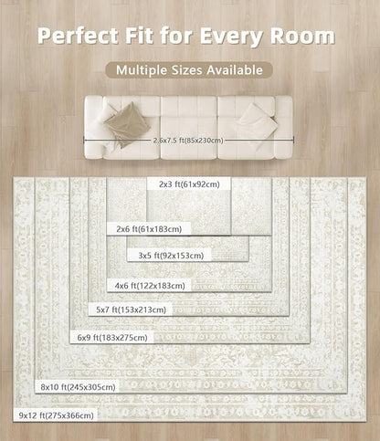 Vintage Living Room Area Rug - 8x10 Large Machine Washable Boho Area Rug Distressed Floral Rugs for Bedroom, Soft Non-Slip Indoor Floor Accent Rugs for Office Dining Room (Cream Beige, 8'x10')