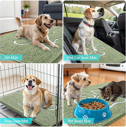 OLANLY Dog Door Mat for Muddy Paws 59x35, Paw Print Design, Absorbs Moisture and Dirt, Non-Slip Washable Doormat, Quick Dry Chenille Mud Mat for Dogs, Entry Indoor Entryway Carpet, Sage Green