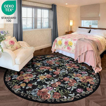 6ft Round Machine Washable Area Rug for Living Room, Black Vintage Boho Floral Rug Large Non-Slip Low Pile Soft Faux Wool Carpet, Kids and Pets Friendly for Bedroom Nursery Farmhouse Home Decor Rug