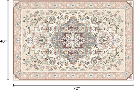 Phantoscope Washable Area Rug 4'x6' Non-Slip, Vintage Boho Rugs for Living Room, Bedroom, Dining Room, Persian Floral Medallion Pattern, Low-Pile Foldable Floor Carpet, Ivory Rose/Fall Bloom