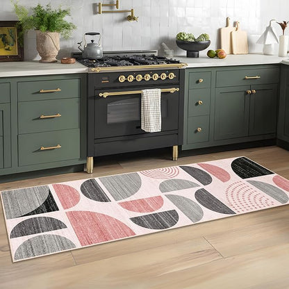 MUJOO Pink Runner Rug Washable,Boho 2x6 Area Rugs for Hallways Kitchen Bathroom Bedroom Entryway,Non Slip Carpet Long Mat Indoor,Soft Modern Abstract Pink and Grey