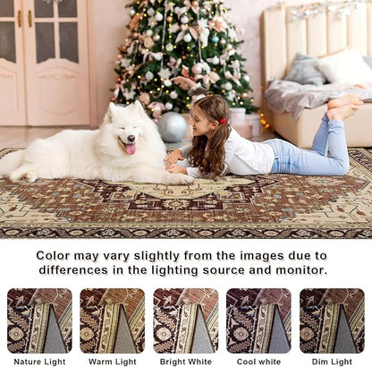 3x5 Mousse Brown Area Rug for Living Room, Machine Washable Rugs with Non-Slip Backing for Bedroom, Vintage Medallion Carpet Kitchen Laundry Kids Room Decor