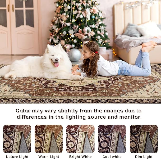 6x9 Mousse Brown Area Rug for Living Room, Machine Washable Rugs with Non-Slip Backing for Bedroom, Vintage Medallion Carpet Dining Room Office Kids Room Decor