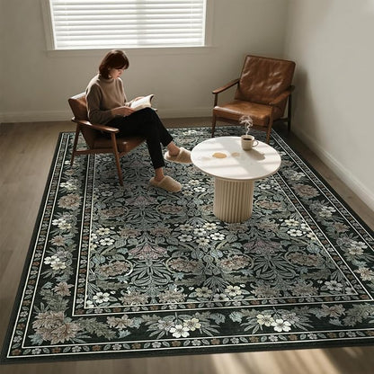 6x9 Black and Green Floral Area Rug for Living Room, Washable Non Slip Rugs for Bedroom Non Slip, Low Pile Large Indoor Accent Carpet for Office, Dining Room, Farmhouse