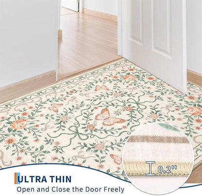 GarveeHome Washable Floral Area Rug 5x7 for Christmas Non Slip Bedroom Rug Soft Stain Resistant Large Dining Room Throw Carpet Low Pile Beige Bow Rugs Butterfly Flower Carpet for Living Room, 5x7