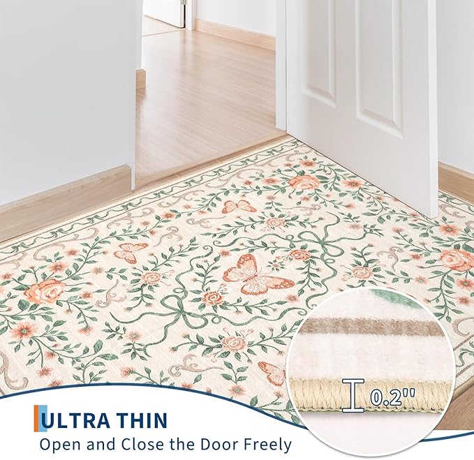 GarveeHome Washable Runner Rug 2x6 Non Slip Hallway Runners Stain Resistant Low Pile Floral Runner Rugs for Kitchen Soft Long Entryway Runner Rugs Beige Boho Throw Carpet for Bedroom Nursery, 2x6