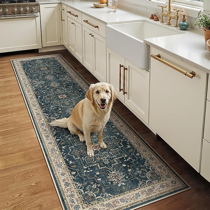 Deep Blue Hallway 2x8 Runner Rug, Washable Non Slip Entryway Runner Indoor, 0.27 Low Pile Vintage Medallion Distressed Carpet Runners 8ft for Kitchen/Bedroom Bedside/Laundry Room/Bathroom