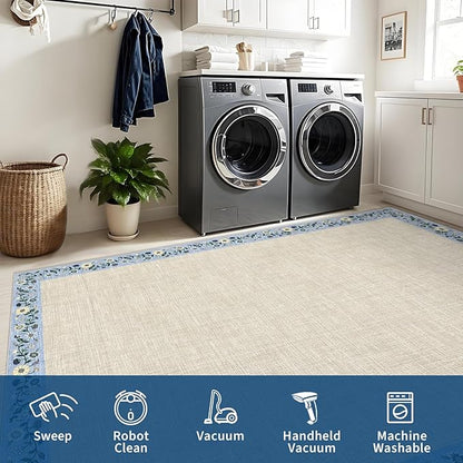 GarveeHome Washable Area Rugs for Bedroom 5x7 Living Room Modern Floral Throw Rugs Non-Slip Lightweight Thin Carpet Modern Farmhouse Print Non-Shedding Soft Low Pile Floor Cover, Beige