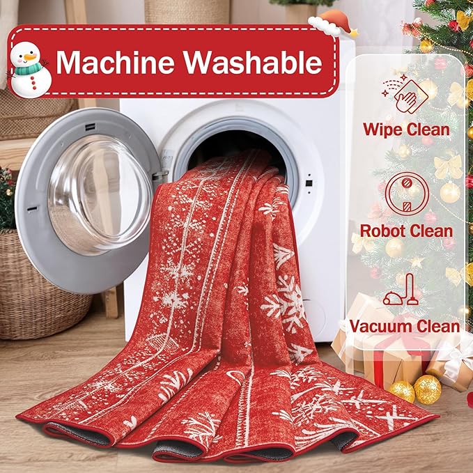 Christmas Area Rug 6x9 Living Room Rugs, Machine Washable Boho Christmas Tree Snowflake Rug Non-Slip Soft Low Pile Holiday Indoor Rugs for Bedroom Kitchen Dining Room Office(Xmas Red, 6'x9')