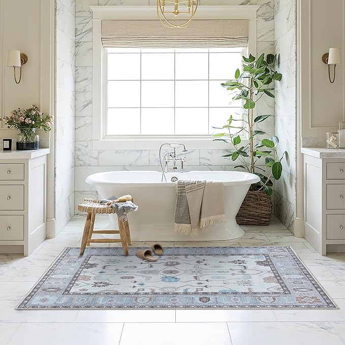Fame Living Cream Grey Oushak Rug, Modern, Vintage, Turkish, Eclectic, Floral, Pastel, Washable, Extra Large Area Rugs for Living Room, Dining, Bedroom, Lounge, 9'x12'