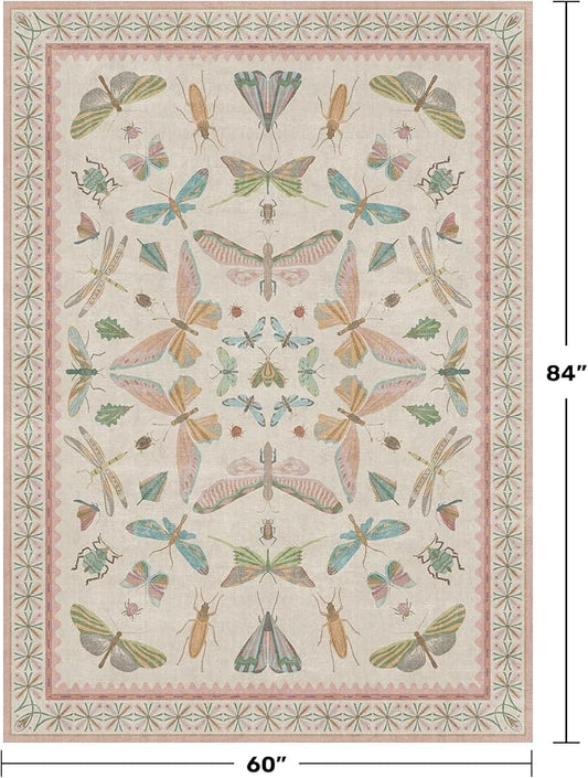 Butterfly Area Rugs 5x7 for Baby Nursery, Cute Light Pink Rugs for Bedroom Girls, Living Room, Kids Room Playroom Reading Corner, Washable Ultra Soft Stain Resistant Floral Floor Decor