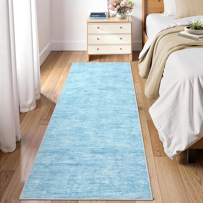 RUGSREAL Modern Runner Rug 2.5x8 Stain Resistant Washable Kitchen Runner Carpet with Rubber Backing Low Pile Contemporary Solid Color Entryway Mat Ultra Soft Rug for Living Room Bedroom, Blue