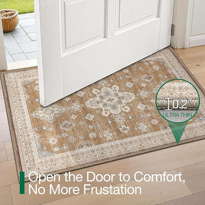 LUMI Indoor Thin Door Mat, 18x30 Washable Small Inside Doormat, Non Slip Low Pile Oriental Floor Carpet, Vintage Distressed Area Rug for Front Door,Entrance,Bedroom, Amber