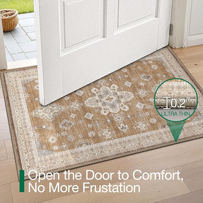 LUMI Indoor Thin Door Mat, 36x59 Washable Small Inside Doormat, Non Slip Low Pile Oriental Floor Carpet, Vintage Distressed Area Rug for Front Door,Entrance,Bedroom, Amber