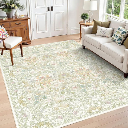 Farmhouse Sage Green Washable Nursery Rug 5x7, Floral Area Rug for Living Room, Bedroom, Dining Room Under Table, Home Office, Low Pile Non Slip Boho Carpet, Soft Cottagecore Botanical Accent Mat