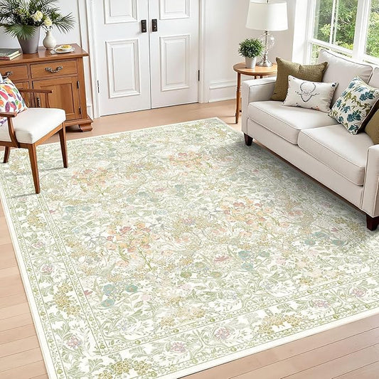 Farmhouse Sage Green Washable Nursery Rug 5x7, Floral Area Rug for Living Room, Bedroom, Dining Room Under Table, Home Office, Low Pile Non Slip Boho Carpet, Soft Cottagecore Botanical Accent Mat