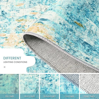 Ompaa Living Room Rug 8x10 Teal Blue Area Rugs Machine Washable Abstract Boho Large Rug Non-Slip Non-Shedding Faux Wool Indoor Vintage Carpet for Bedroom, Classroom, Dining Room, Kids Playroom