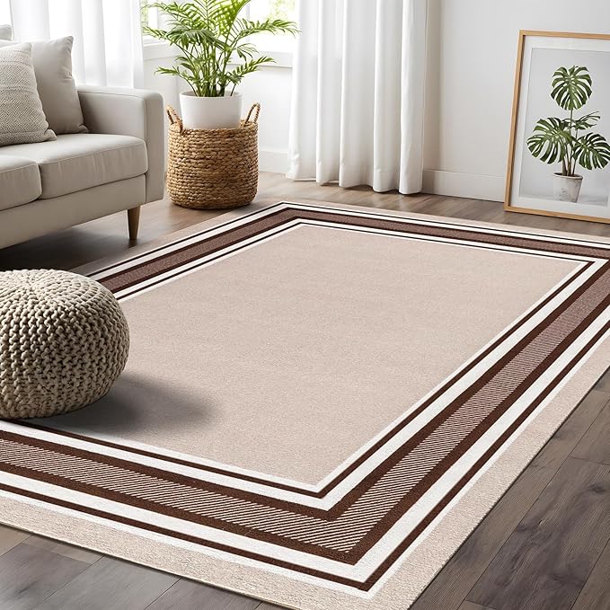 Beverly Rug Non Slip Area Rugs 8x10 Modern Bordered Non Skid Rubber Backing Soft Area Rug for Living Dining Room Easy to Clean Non Shedding Kitchen Bedroom Indoor Carpet 8 x 10 Beige-Brown