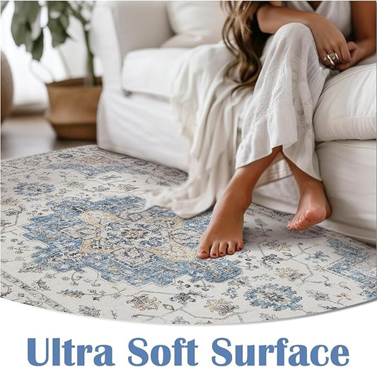 jinchan Area Rug 5x7 Vintage Washable Bedroom Rug Floral Medallion Lightweight Non Slip Thin Retro Classic Soft Boho Floor Cover Farmhouse Carpet for Living Room Dining Room Kitchen Blue