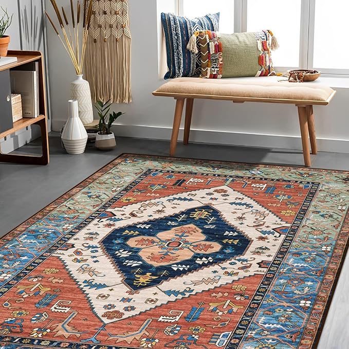 Lahome Boho Machine Washable Rugs - 5x7 Area Rugs for Living Room Non-Slip Oriental Throw Bedroom Rug Ultra-Thin Large Office Dining Room Rug Accent Floor Carpet for Kitchen Laundry Room