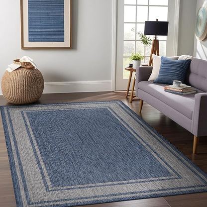 Beverly Rug Outdoor Rug 5x7 Modern Bordered Area Rugs for Indoor and Outdoor Patio Deck Porch Garden Waterproof Weather Sun Resistant Washable Outside Carpet (5 x 7 Navy)
