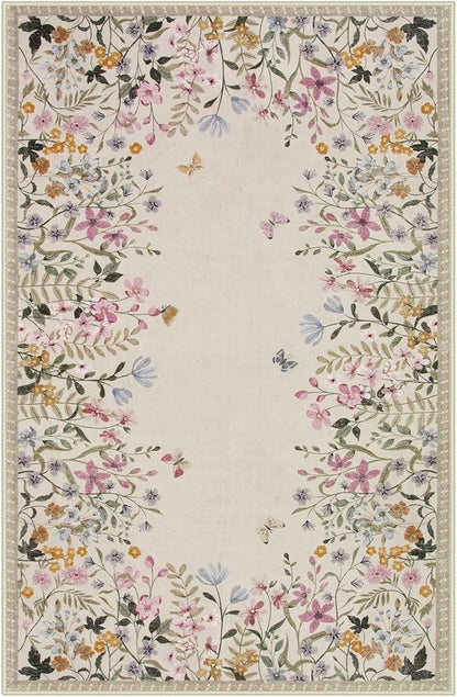Wonnitar Washable 4x6 Rug for Bedroom, Floral Print Area Rug for Living Room, Non-Slip Entryway Throw Mat, Low Pile Botanical Area Rug Floor Carpet for Bedside (Beige,4'x6')