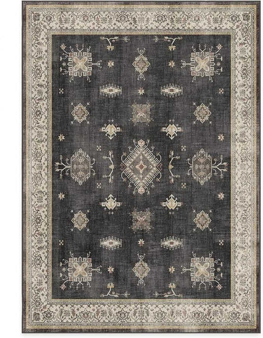 RUGGABLE Washable Vintage Area Rug – Verena Dark Wood 5x7, Stain-Resistant, Non-Slip – Medium Machine Washable Rugs for Living Room, Bedroom, Hallway, Entryway & Office–with Standard Pad