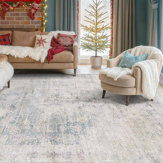Washable 6x9 Bedroom Rug - Blue Grey Modern Rug for Living Room, Dining Room Table, Non Slip Soft Faded Print Mat