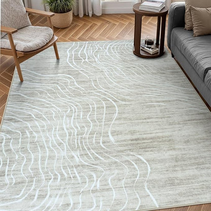 LIVEBOX Machine Washable Modern Abstract 6x9 Area Rug Clearance, Non Slip Large Bedroom Living Room Nursery Girl Rug Minimalist Wave Striped Neutral Boys Rug, Carpet for Playroom(Beige,6'x9')
