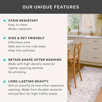 Boho Light Grey Living Room Rug 6x8 - Modern Vintage Eclectic Floral Paste Neutral Taupe, Washable Low Pile Non-Slip Large Area Rugs for Dining Under Table, Bedroom