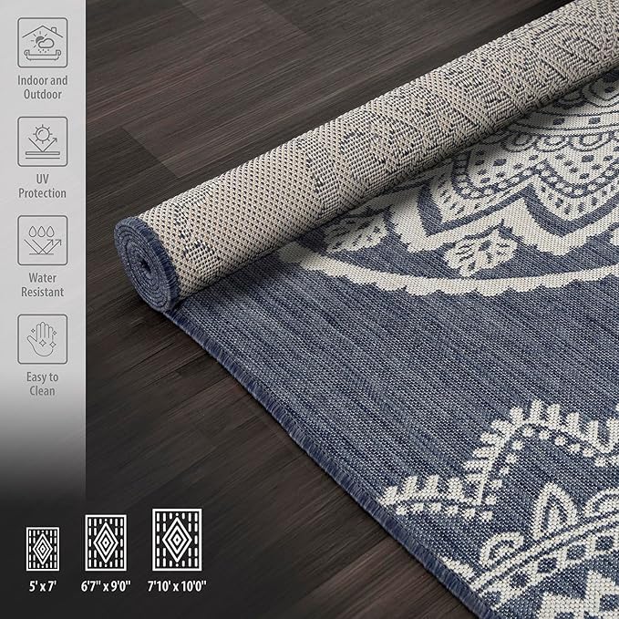 CAMILSON Outdoor Rug 6x9 Modern Area Rugs for Indoor and Outdoor Patios and Porches - Waterproof, Washable, Non-Shedding, Easy-to-Clean Outside Carpet (6 x 9, Medallion - Blue/White)