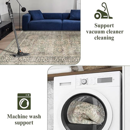 5X7 Area Rugs for Living Room - Large Washable Rugs 5x7 Vintage Rug Throw Low Pile Rug Non-Slip Distressed Carpet for Bedroom, Office, Kitchen,Entryway, Dining Room, Olive Charcoal