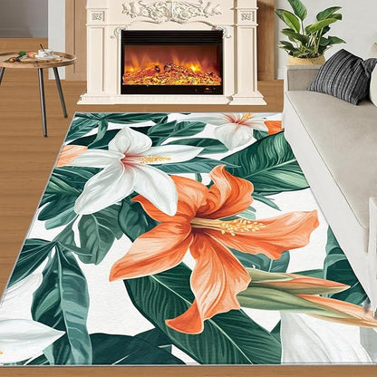Lily Flowers Rugs for Bedroom - 4x5 Area Rug - Abstract 3D Flowers Rugs for Living Room, Tropical Plants Rug, Washable Home Decor Carpet