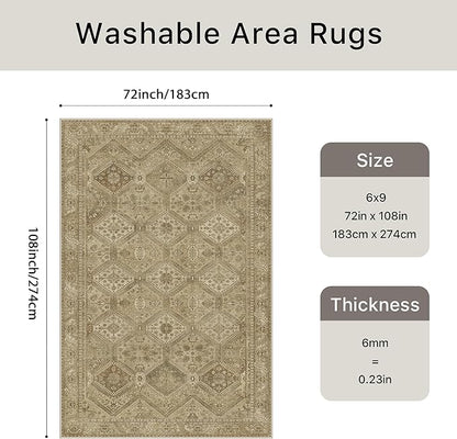 Bavni 6x9 Area Rugs for Living Room, Machine Washable Rug Non Slip, Vintage Chenille Distressed Print Carpet, Large Low Pile Ultra-Thin Lightweight Rugs for Bedroom, Dining Room, Office, Nut Brown