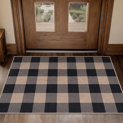 Tangsoo Checkered Easy Jute Rug, 2x3 Washable Ultra Thin Rug for Entryway Non-Slip Black Grey Outdoor Rug,Modern Front Door Mat Carpet for Kitchen Bedroom Porch Doorway