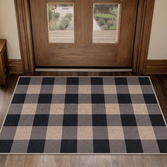 Tangsoo Checkered Easy Jute Rug, 2x3 Washable Ultra Thin Rug for Entryway Non-Slip Black Grey Outdoor Rug,Modern Front Door Mat Carpet for Kitchen Bedroom Porch Doorway