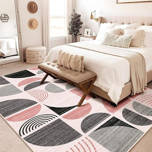 MUJOO Pink Rug Washable,6x9 Area Rugs for Living Room Bedroom Dining Room,Boho Large Throw Floor Carpet Non Slip Soft Modern Abstract Pink and Grey