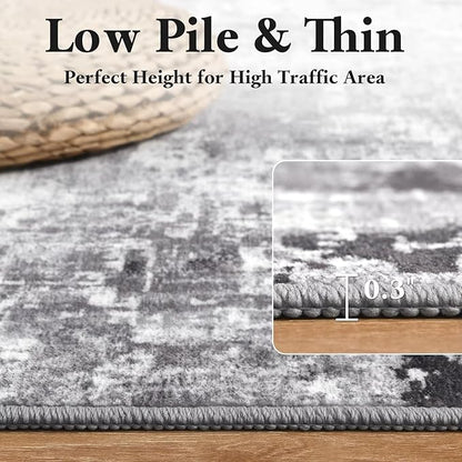Washable Abstract Rug, 3x5 Modern Area Rugs with Non-Slip Rubber Backed for Bedroom, Thin but Soft Contemporary Carpet Kitchen Living Room Decor, Dark Grey