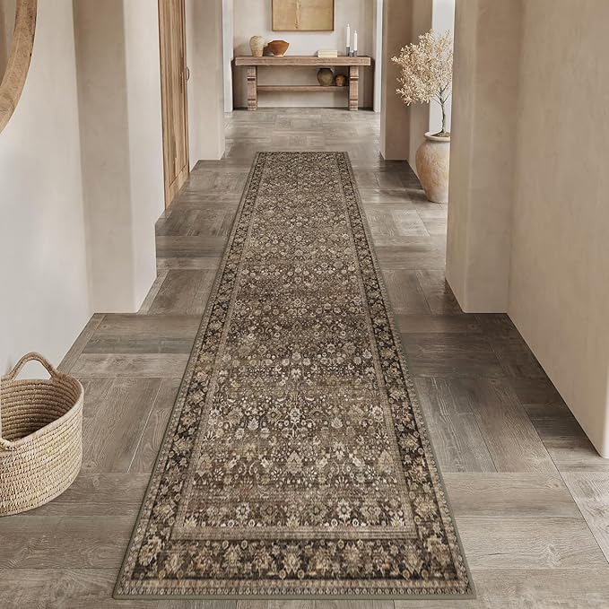HUGEAR 2'6''x8 Runner Rug Machine Washable Brown Hallway Area Rug Indoor Accent Rugs Floral Low Pile Carpet Soft Throw Rugs Bedroom Living Room Office Dining Kitchen Laundry Non Slip