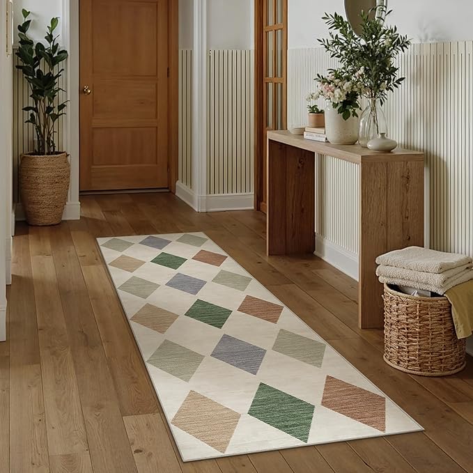 2x6 Runner Checkered Rug for Hallways Colorful Washable Long Carpet Non-Slip Low Pile Boho Indoor Accent Throw Rug for Entrance Kitchen Bedroom Dining Laundry