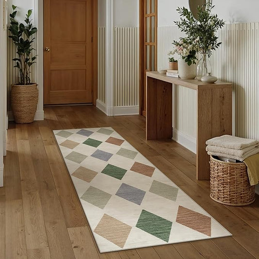 2x6 Runner Checkered Rug for Hallways Colorful Washable Long Carpet Non-Slip Low Pile Boho Indoor Accent Throw Rug for Entrance Kitchen Bedroom Dining Laundry