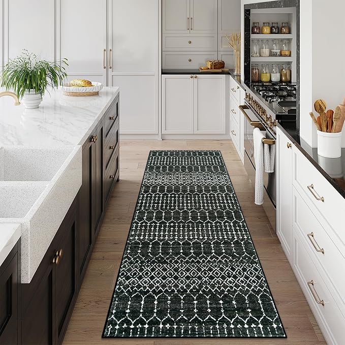 Lahome Moroccan 2x6 Black Runner Rug Non-Slip, Kitchen Rug Runner Washable Non-Skid Hallway, Geometric Print Distressed Carpet for Entryway Laundry