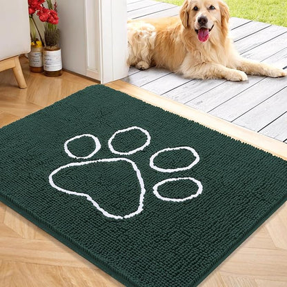 OLANLY Dog Door Mat for Muddy Paws 40x32, Paw Print Design, Absorbs Moisture and Dirt, Absorbent Non-Slip Washable Doormat, Quick Dry Chenille Mud Mat, Entry Indoor Entryway Carpet, Blackish Green