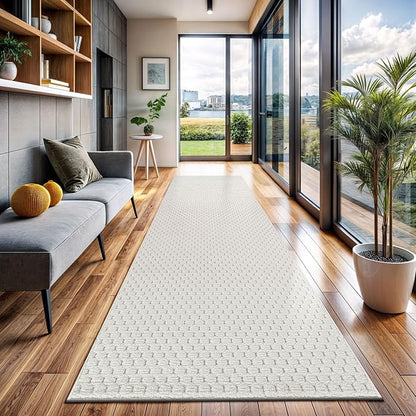 CAMILSON Modern Runner Rug 2x7 Luxury Pebble Pattern Micro Loop Hallway Rugs Soft High-Low Pile Stain Resistant Easy to Clean Non-Shedding Durable Entryway Kitchen Indoor Area Carpet (White)