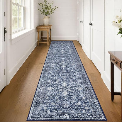 KILOCOCO Runner for Hallway 3x14 Runner Rug Printed Vintage Floral Washable Rug Kitchen Runners Soft Non-Slip Low Pile Hallway Runners Laundry Room Distressed Boho Rugs, Blue