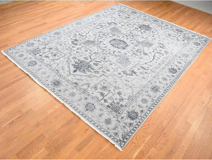 Ash Grey Design with All Over Pattern Wool and Silk Hand Knotted Oriental Rug (9'x12')