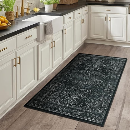 Black Distressed 3x5 Area Rugs for Entryway Foyer, Washable Non Slip Low Pile Throw Rugs for Kitchen, Dark Vintage Medallion Pinted Carpet for Bedroom/Bathroom/Closet/Dorm/Home Office